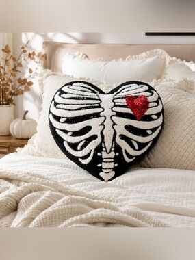 NWT Skeleton Ribcage Heart-Shaped Halloween Pillow Red Sequin Heart Gothic Decor